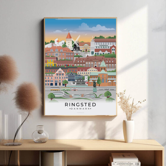Ringsted bybillede plakat, der skildrer den harmoniske kombination af byens historie og moderne liv, med smukke landskaber omkring byen.