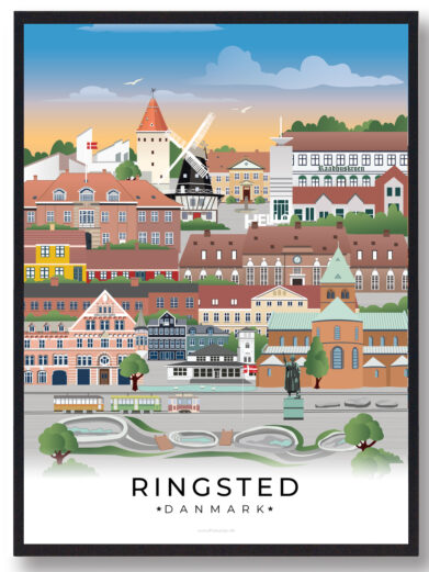 Denne Ringsted plakat viser byens livlige gader, det historiske bycentrum og den smukke natur, der omkranser byen.