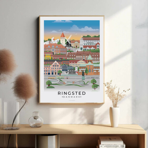 Ringsted bybillede plakat, der fremhæver byens historiske charme med smukke gamle bygninger og den livlige atmosfære i bymidten.