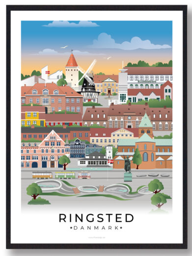 Plakat af Ringsted, der viser den maleriske bymidte med dens hyggelige gader, historiske bygninger og grønne parker.