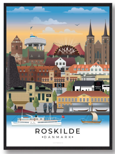 Denne Roskilde plakat skildrer byens unikke atmosfære, fra de historiske bygninger til den fredfyldte natur langs fjorden og den livlige bymidte.