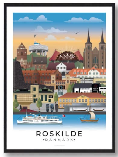 Plakat af Roskilde, der skildrer den livlige bymidte, den storslåede domkirke og den fredelige atmosfære langs fjorden.