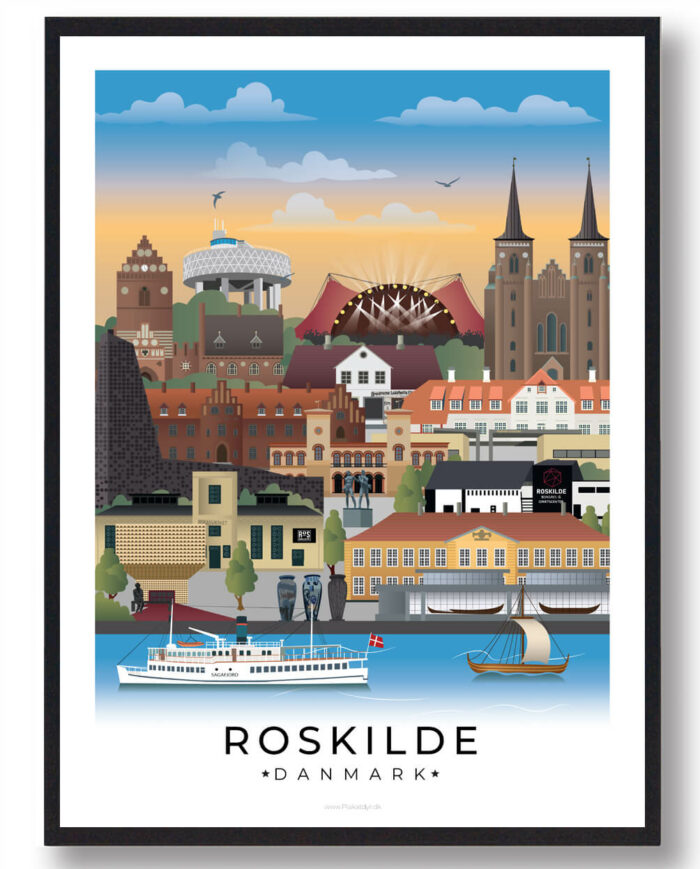 Plakat af Roskilde, der skildrer den livlige bymidte, den storslåede domkirke og den fredelige atmosfære langs fjorden.