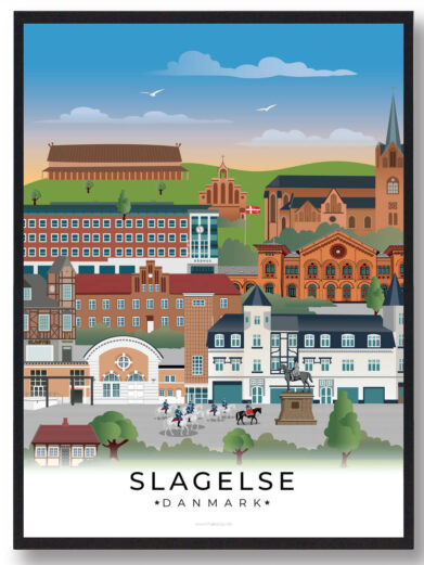 Denne Slagelse plakat viser byens skønhed med dens blanding af gamle bygninger, smukke gader og de naturskønne landskaber omkring byen.