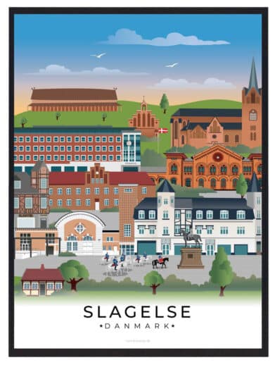 Farverig Slagelse byplakat med ikoniske bygninger og ryttere. En flot plakat i højformat, der viser Slagelses charme.