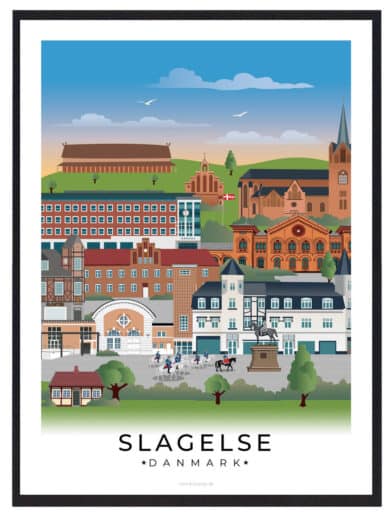 Farverig Slagelse byplakat med ikoniske bygninger i Sjælland. Flot design i sort ramme. Perfekt bybillede!