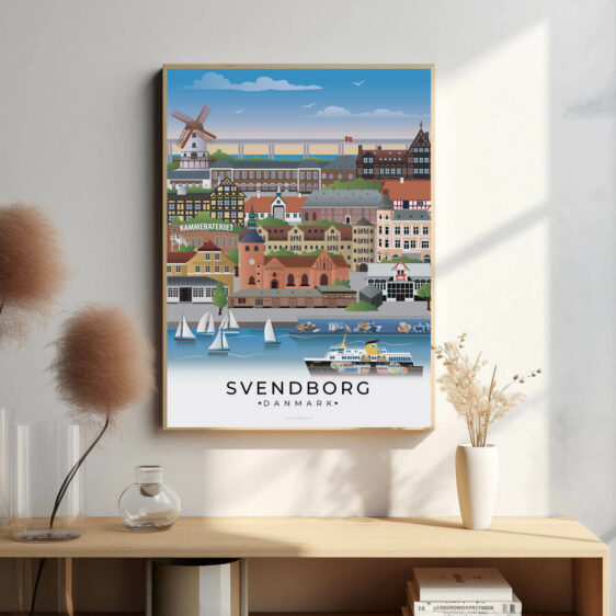 Svendborg bybillede plakat, der viser den idylliske havn, farverige bygninger og det rolige liv ved vandet, der giver byen sin specielle atmosfære.