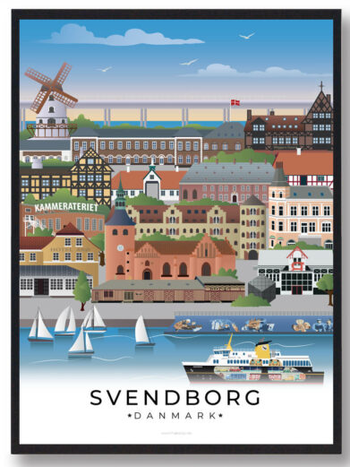 Denne Svendborg plakat fanger byens maritime liv, med både på havnen, historiske bygninger i den gamle bydel og den smukke kystlinje.