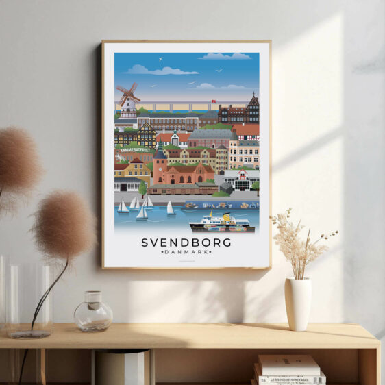 Svendborg bybillede plakat, der fremhæver byens maritime charme, med den travle havn, de smukke gader og den naturskønne beliggenhed ved Fyns sydkyst.