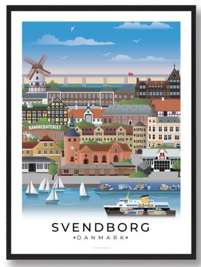 Plakat af Svendborg, der skildrer den livlige havn, den flotte gamle bydel og den fredfyldte stemning langs kysten og i de omkringliggende landskaber.
