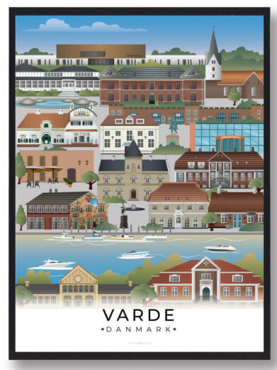 Denne Varde plakat fanger byens historiske karakter og moderne udvikling, med smukke gader, grønne områder og den rolige stemning omkring floden.