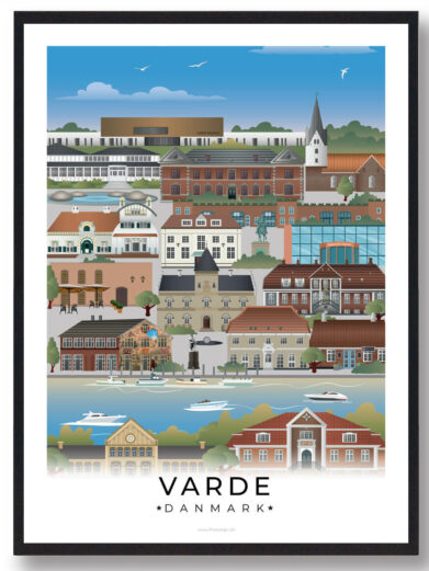 Plakat af Varde, der viser byens blanding af historiske vartegn og moderne liv, med et fokus på den smukke natur og livlige bybillede.