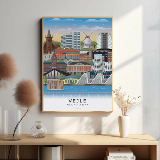 Vejle bybillede plakat, der fanger byens smukke udsigt, fra de karakteristiske bygninger til de bølgende bakker og den idylliske fjord.
