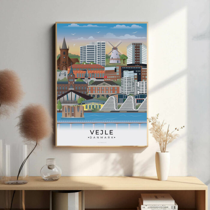 Vejle bybillede plakat, der fanger byens smukke udsigt, fra de karakteristiske bygninger til de bølgende bakker og den idylliske fjord.