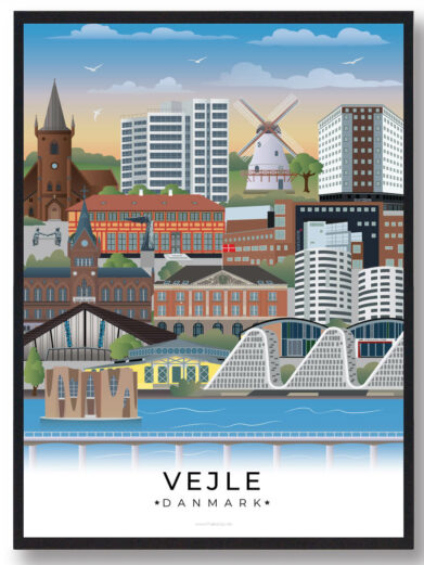 Denne Vejle plakat viser byens livlige centrum, den smukke natur omkring fjorden og den moderne udvikling, der gør byen til et spændende sted.