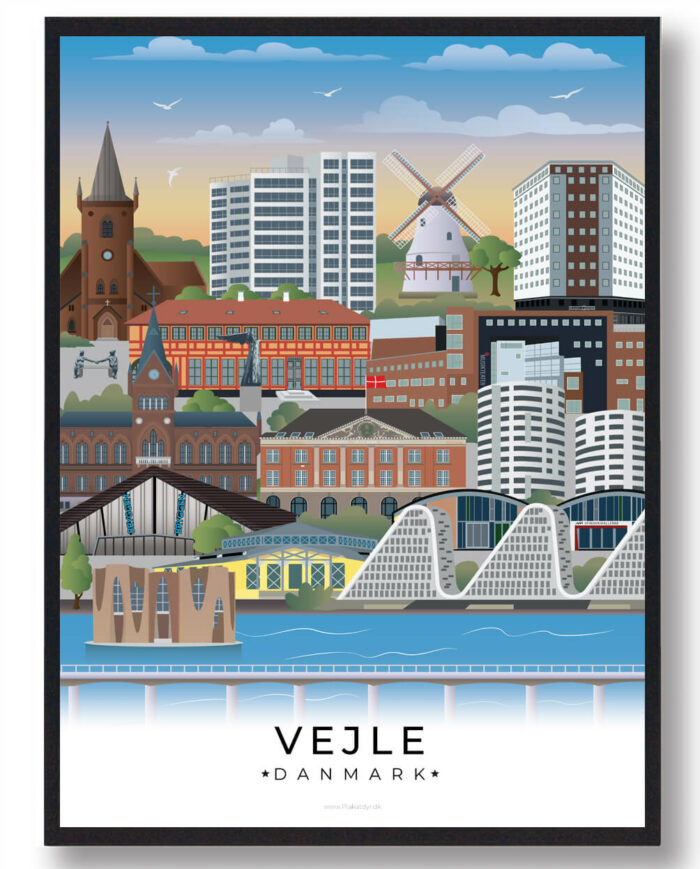 Denne Vejle plakat viser byens livlige centrum, den smukke natur omkring fjorden og den moderne udvikling, der gør byen til et spændende sted.