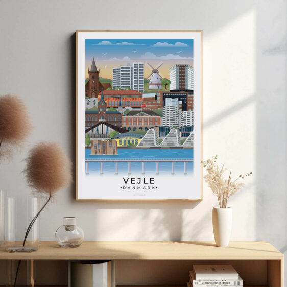 Vejle bybillede plakat, der fremhæver byens unikke arkitektur, fra moderne bygninger til den smukke natur omkring Vejle Fjord.