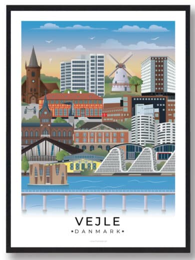 Plakat af Vejle, der viser den naturskønne beliggenhed ved fjorden, de grønne områder og den pulserende byliv i byens centrum.