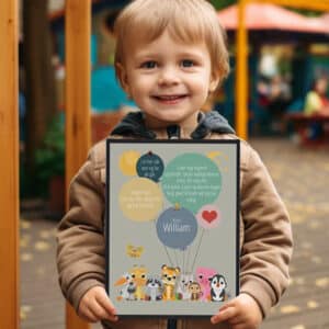 Navneplakat gaveide: Dreng med dagplejer gave med navn William og søde dyr. Vuggesstue gave.