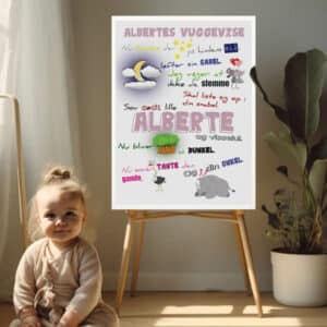 Navneplakat med Albertes vuggevise. Personlig børneplakat, dåbsgaveidé med navn til børneværelset.