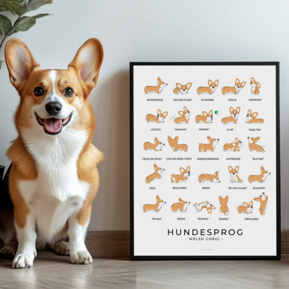 En venlig Welsh Corgi står ved siden af en farverig plakaten, der viser de forskellige hundesprog og kropssprog. Plakaten indeholder illustrationer, der viser, hvordan en hund kommunikerer gennem halens bevægelser, ørenes position og ansigtsudtryk. Hunden er nysgerrig og kigger på plakaten, som om den følger med i de visuelle signaler.