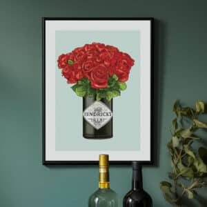Drinks plakat til køkkenet: Hendrick's Gin med røde roser. Perfekt øl, drinks & vin plakat.