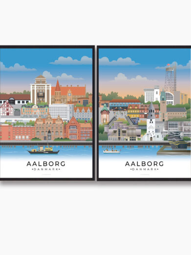 Denne Aalborgplakat viser byens unikke blanding af moderne arkitektur og historiske bygninger, herunder kulturhuse, broer og det charmerende havnemiljø.