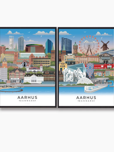 Denne Aarhus plakat fanger byens mangfoldighed med både moderne bygninger som Musikhuset og den gamle bydel med traditionel arkitektur.