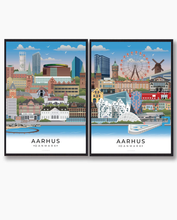 Denne Aarhus plakat fanger byens mangfoldighed med både moderne bygninger som Musikhuset og den gamle bydel med traditionel arkitektur.