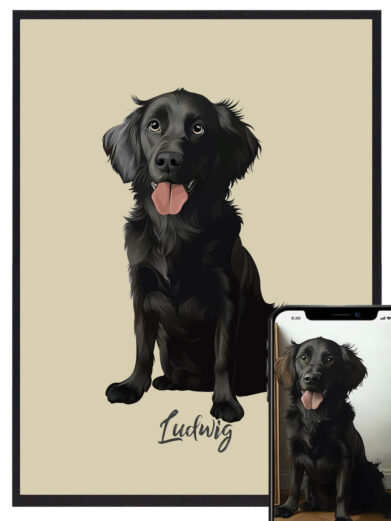 Fuld figur hundeportræt med gul baggrund – Få et smukt hundeportræt, der fanger din hund i fuld figur mod en lys gul baggrund. Tilføj navnet på din hund for et personligt touch, perfekt som gave eller vægkunst.