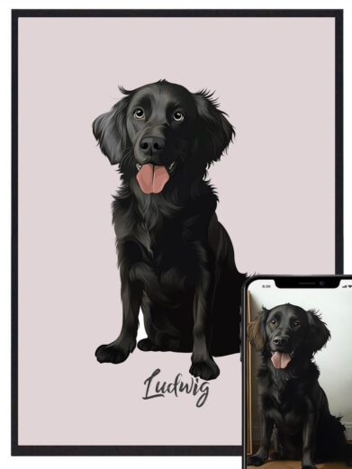Fuld figur hundeportræt med lyserød baggrund – Skab et unikt hundeportræt, der fremhæver din hund i fuld figur på en lyserød baggrund. Tilføj navnet på din hund for et personligt touch, perfekt som gave eller som en del af din vægkunst.