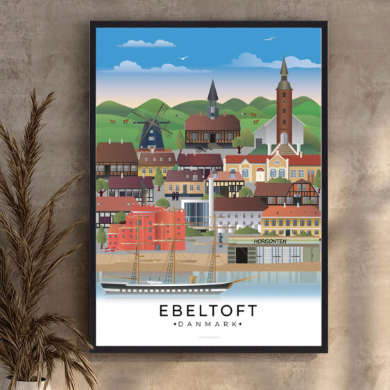 Ebeltoft plakat, der fremhæver byens historiske charme med vartegn som Det Gamle Rådhus og udsigten over den smukke vig.