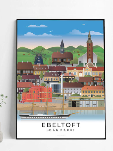 Denne Ebeltoftplakat skildrer byens romantiske stemning med farverige huse, livlige havnemiljø og den naturskønne beliggenhed.
