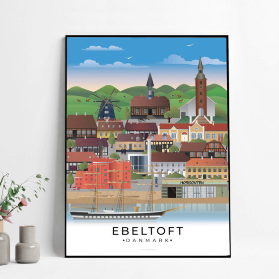 Denne Ebeltoftplakat skildrer byens romantiske stemning med farverige huse, livlige havnemiljø og den naturskønne beliggenhed.