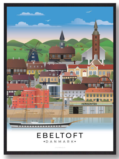 Ebeltoft plakat, der fanger byens romantiske atmosfære, fra de farverige bindingsværkshuse til den smukke havn og det omkringliggende landskab.
