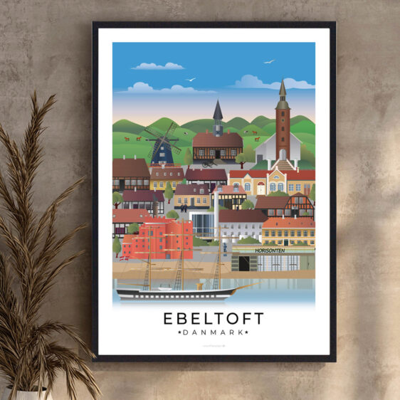 Denne Ebeltoft plakat fanger byens maritime stemning med dens hyggelige havn, smukke natur og det ikoniske Glasmuseum.