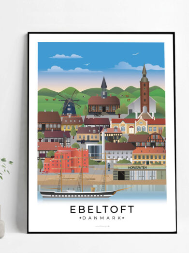 Ebeltoft plakat, der viser byens charmerende brostensbelagte gader, historiske bindingsværkshuse og den smukke udsigt over Ebeltoft Vig.