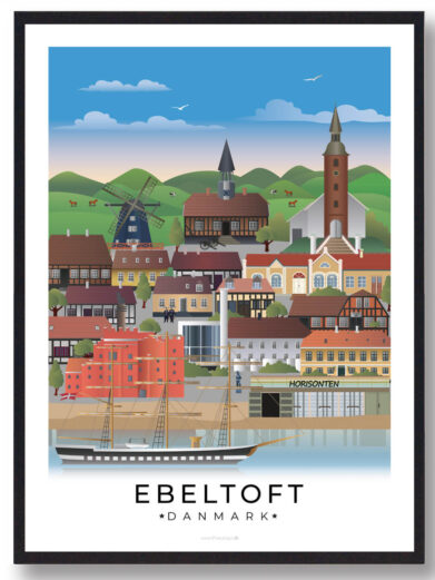 Ebeltoft plakat, der illustrerer den idylliske by med dens gamle rådhus, hyggelige gader og den smukke natur i Nationalpark Mols Bjerge.