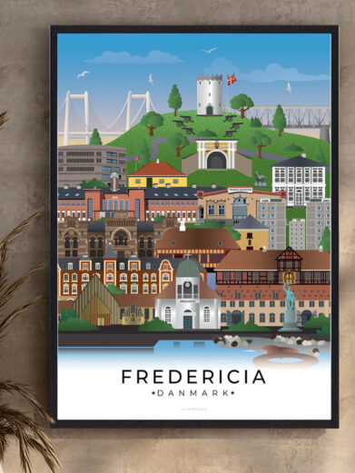 Fredericia plakat, der illustrerer byens historiske fort, den livlige havn og den moderne arkitektur, der giver Fredericia sin unikke karakter.