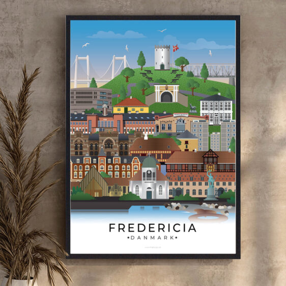 Fredericia plakat, der illustrerer byens historiske fort, den livlige havn og den moderne arkitektur, der giver Fredericia sin unikke karakter.