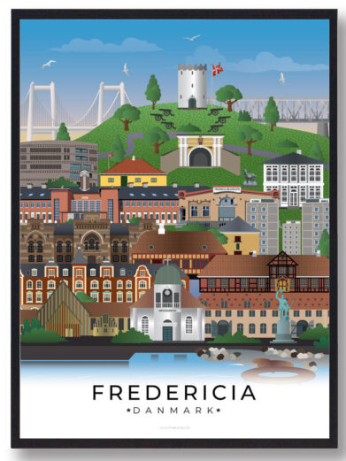 Fredericia plakat, der fremhæver den storslåede fæstning, de grønne parkområder og den smukke havnefront, der skaber et roligt og indbydende bybillede.