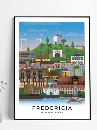 Fredericia plakat, der fremhæver byens historiske fæstningsværker, smukke gader og den imponerende beliggenhed ved Lillebælt.