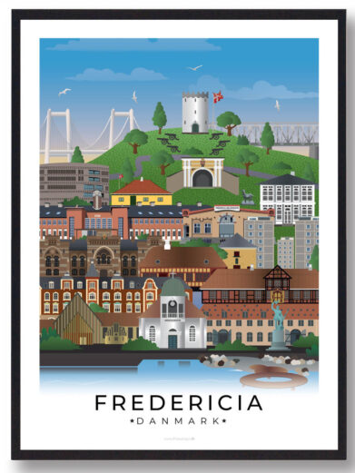 Fredericia plakat, der skildrer byens smukke gamle bygninger, den historiske byport og den rolige havnefront, der giver byen sin særlige stemning.