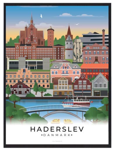 Haderslev plakat med farverige bybilleder, bro over vand, og arkitektur i Syddanmark. Populær plakat med Haderslevs charme.