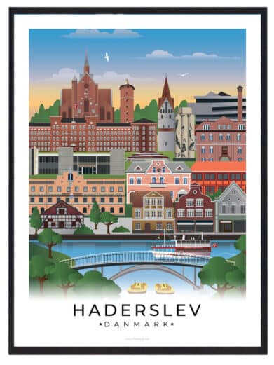 Haderslev plakat med bybillede i farver. Flot illustration af Haderslevs arkitektur og vand. Køb din Haderslev plakat nu!