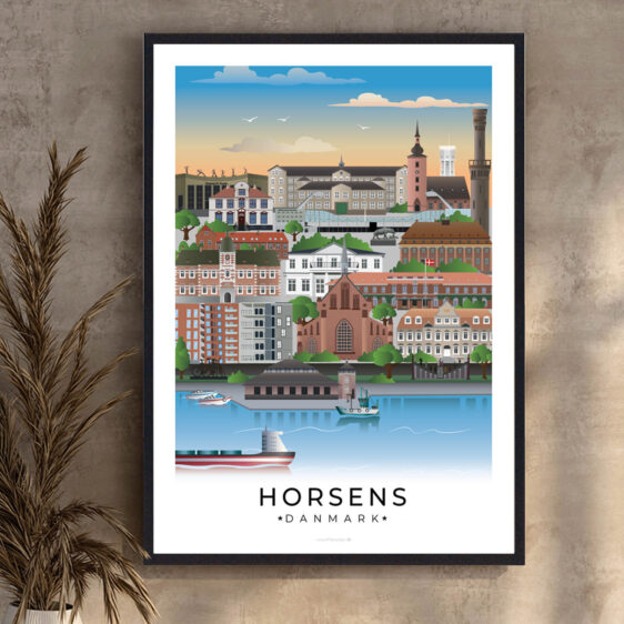 Horsens plakat, der fanger byens dynamik med både den moderne skyline og de historiske bygninger, som gør byen unik.