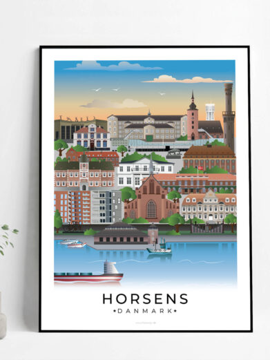 Denne Horsensplakat illustrerer byens livlige gader og den imponerende natur, der omgiver byen, fra havnen til de grønne områder.