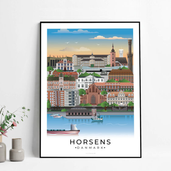 Denne Horsensplakat illustrerer byens livlige gader og den imponerende natur, der omgiver byen, fra havnen til de grønne områder.