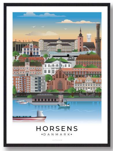 Horsens plakat med en stiliseret udsigt over byen, der kombinerer historiske steder og moderne udvikling med den naturskønne horisont.