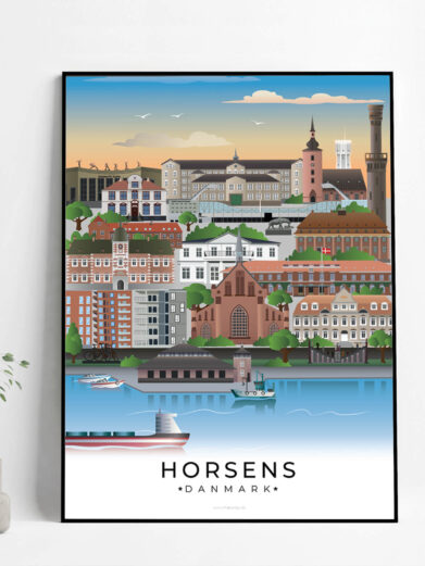 Horsens plakat, der fremhæver byens historiske bygninger, moderne arkitektur og den smukke natur omkring byen.